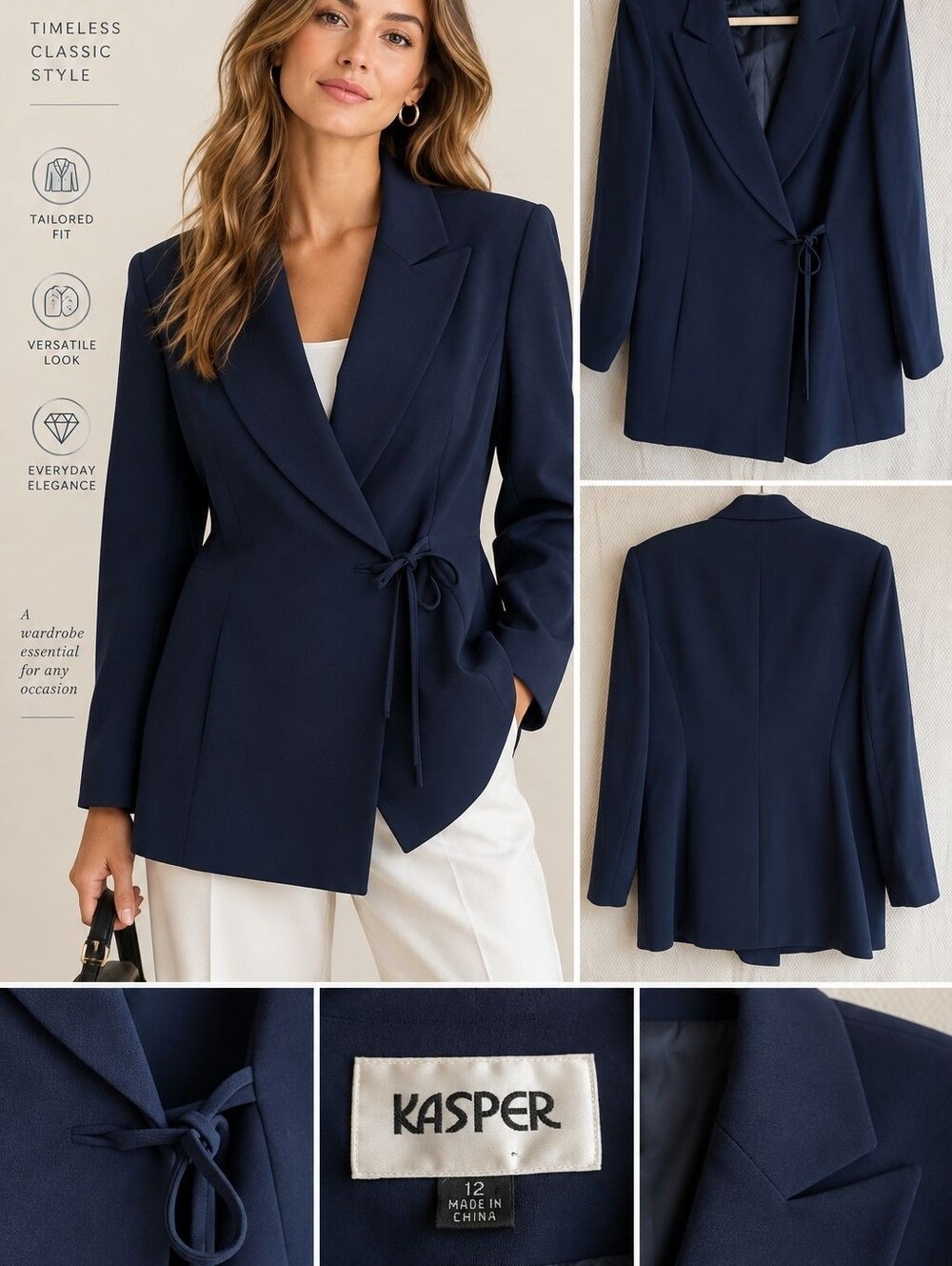 Kasper Navy Blue Wrap Side-Tie Blazer Jacket Size 12 EUC